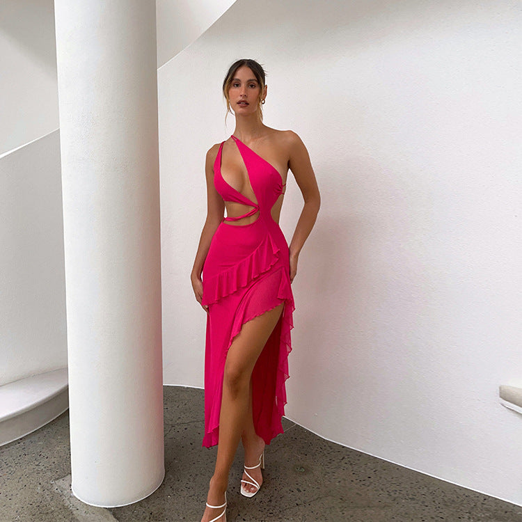 Summer French Strap Dress Women Ruffled Irregular Asymmetric Slit Maxi Dress Sexy