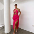 Summer French Strap Dress Women Ruffled Irregular Asymmetric Slit Maxi Dress Sexy