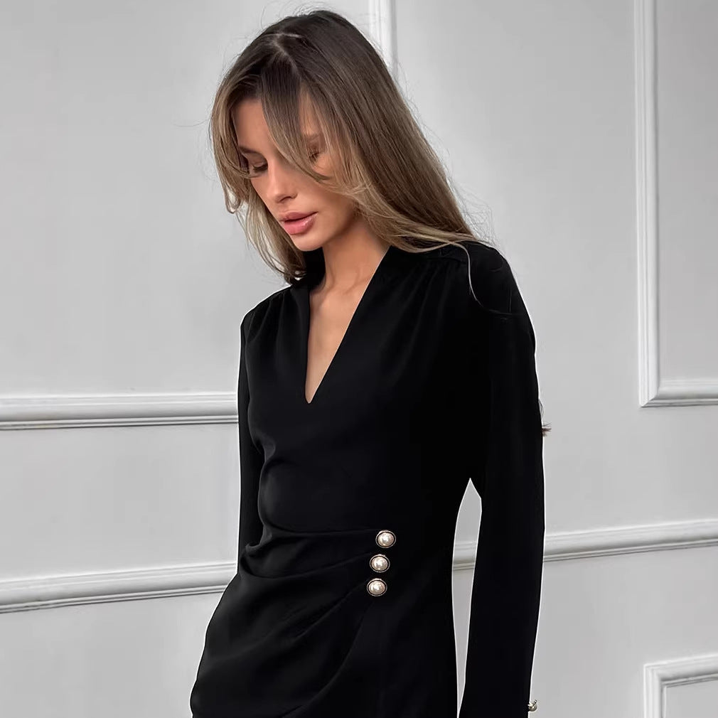 Design Pearl Button V neck Long Sleeve Shirt Women Elegant Waist Tight Hip Wrapped