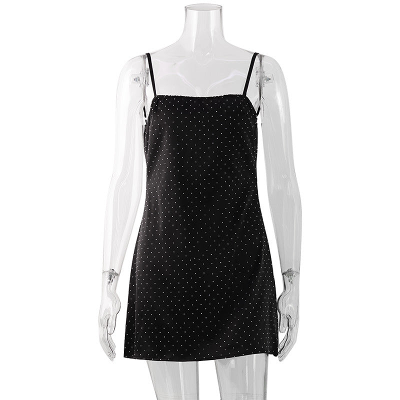 Dress Spring Elegant off Neck Strap Satin Polka Dot Printed Short Dress