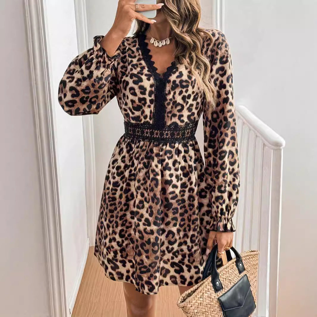 French Lady Vintage V neck Leopard Print Long Sleeve Lace Patchwork Long Sleeve Dress