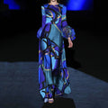 Blue Color Mid Waist Hepburn Office Maxi Dress Printing Dress