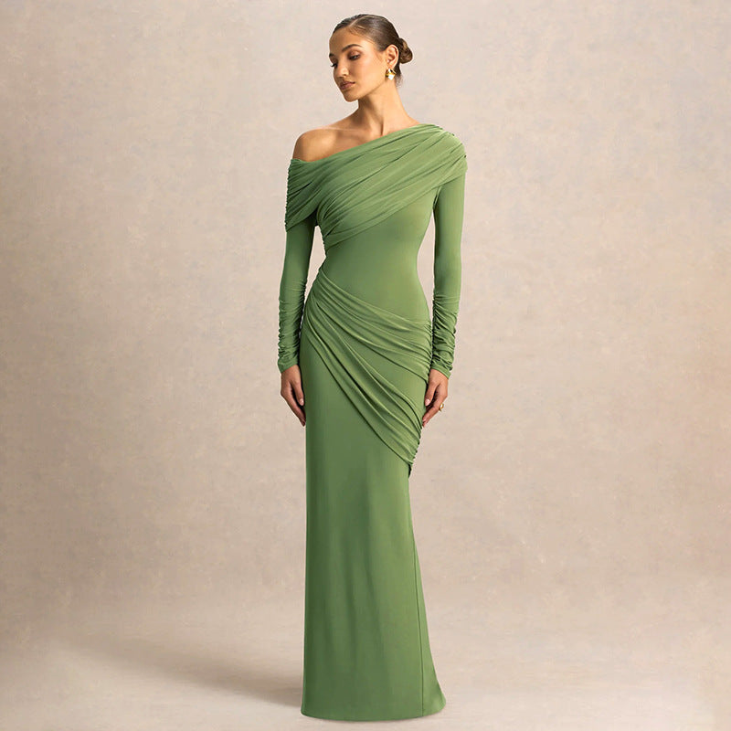 Women Clothing Autumn Winter Solid Color Elegant Slim Fit Asymmetric Neckline Pleated Dress