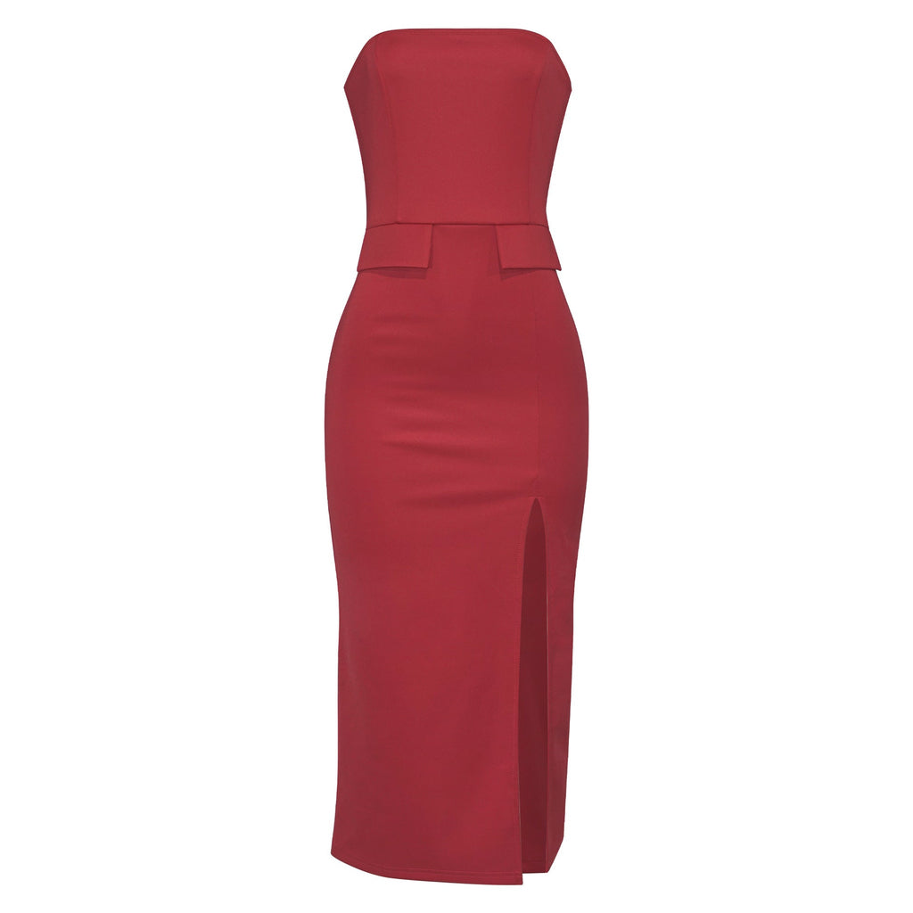 Solid Color Pocket Sleeveless Sexy Bandeau Slim Fit High Waist Short A line Dress