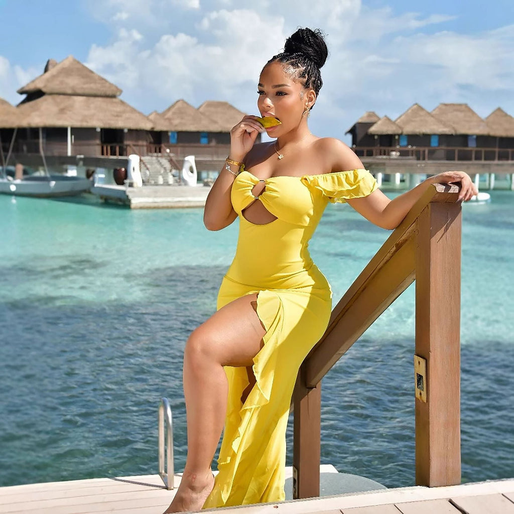 Summer Women Sexy off Shoulder Tube Top Hollow Out Cutout Slim Fit Slit Dress