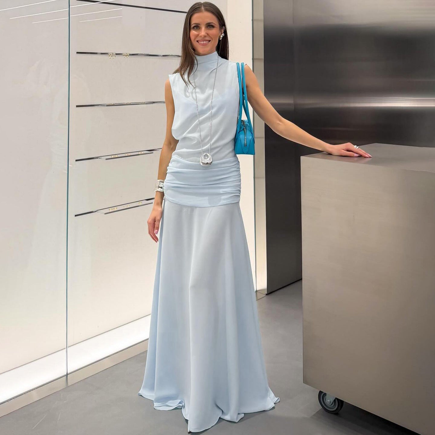 Spring Women Solid Color Slim Fit Elegant Graceful Stand Collar Sleeveless High Waist Sexy Dress