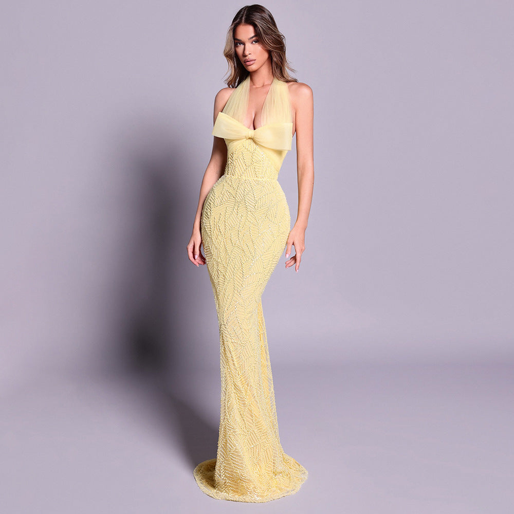 Yellow Heavy Industry Tube Bead Bow Halter Formal Dress Vision Dress Elegant