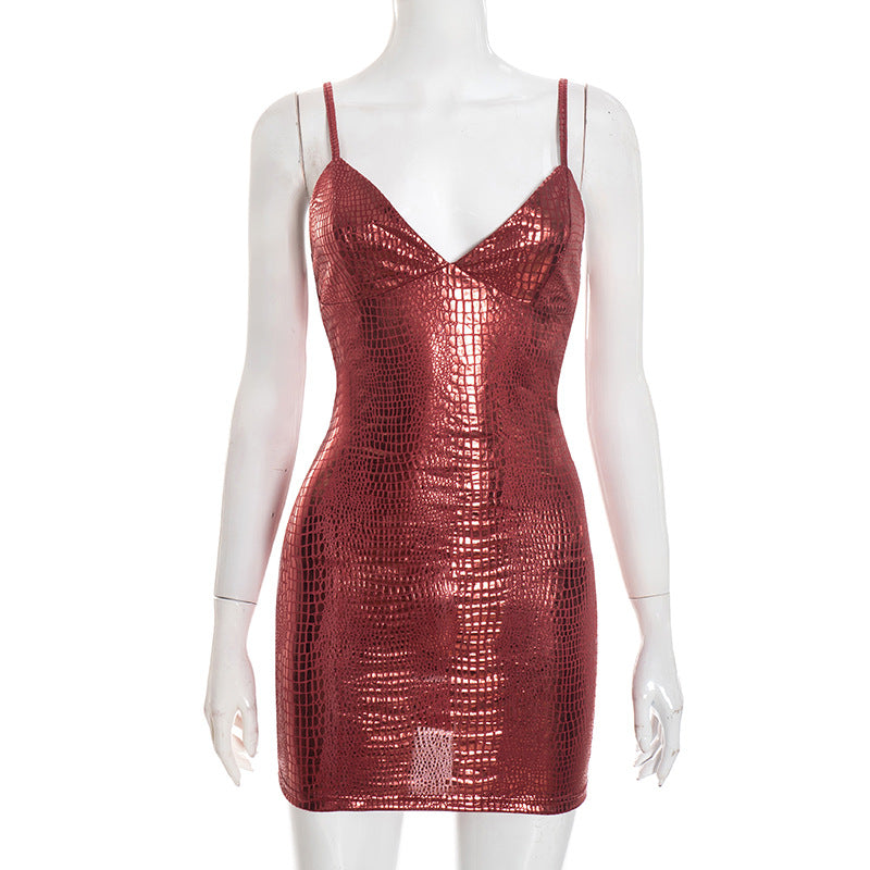 Women Clothing Winter Solid Color Sleeveless Stitching Bronzing Strap Tight Short Dress