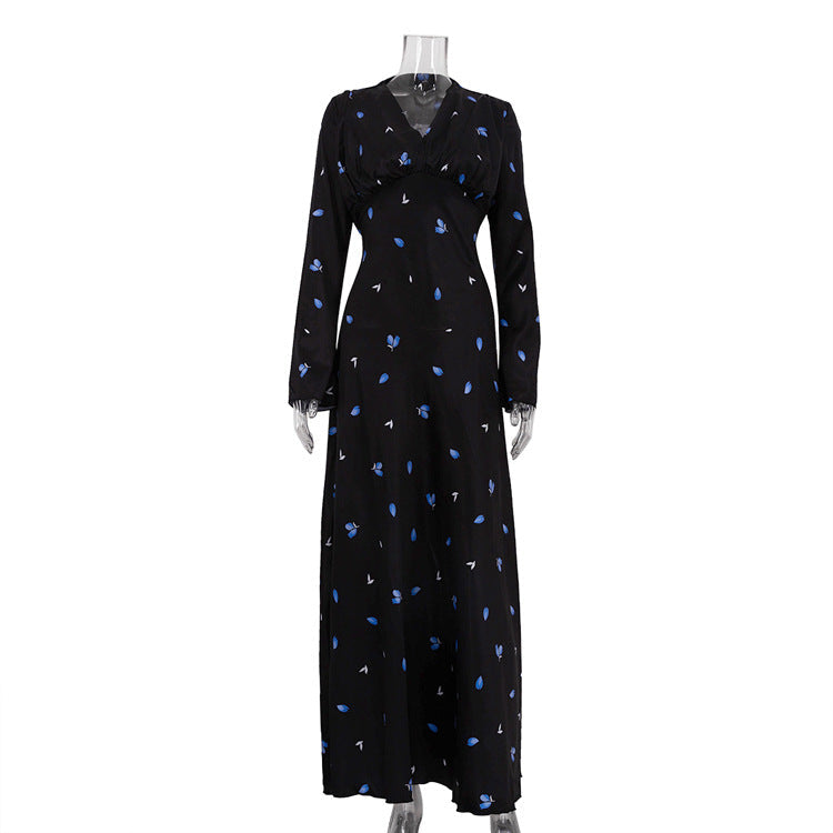 Women Clothing Spring Autumn Elegant Printed Satin Dress V neck Long Sleeve Lace up High Grade Dress