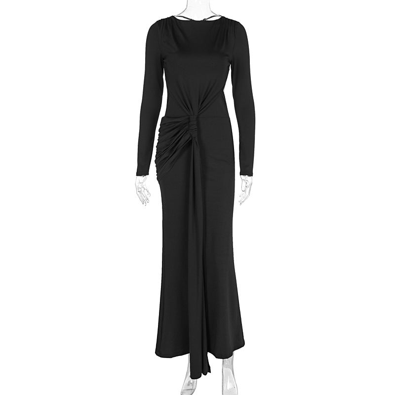 Women Spring Sexy Backless Ribbon Pleated Slim Dress