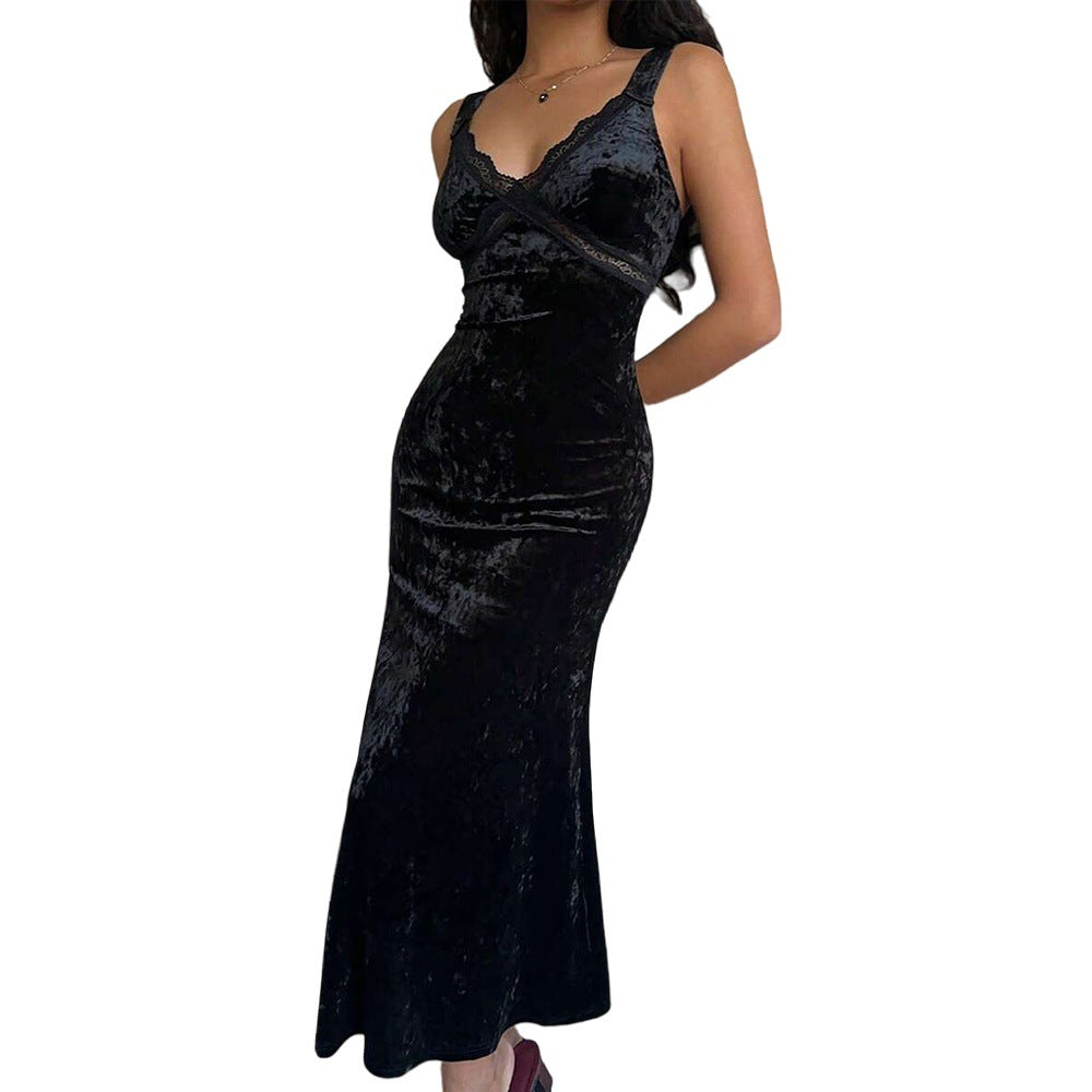 French Romantic Velvet Lace V neck Patchwork Sleeveless Dress Slim Fit Sheath Fishtail Dress Inner Wear