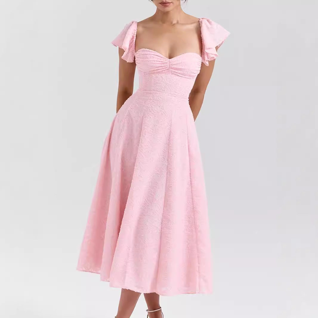 Women Wear Pink Sexy Square Neck Fitted Waist Backless Mid Length Dress French Dress