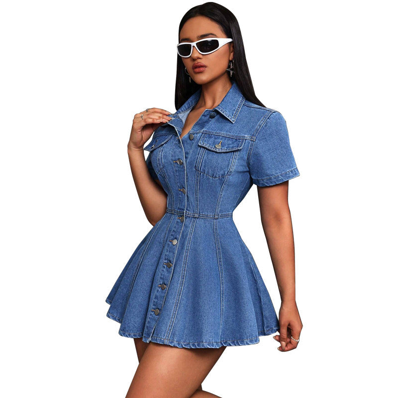Women Clothing Denim Casual Fitted Waist Turn down Collar Dress