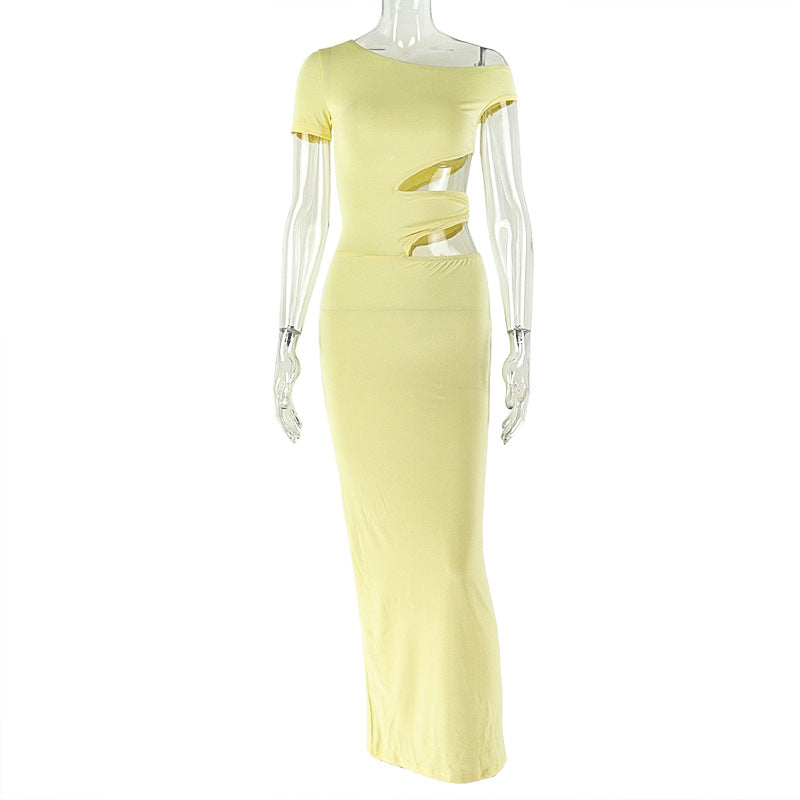 Solid Color Elegant Women Sheath Slim Fit One Step Dress Hollow Out Cutout Asymmetric Dress Evening Party Dress