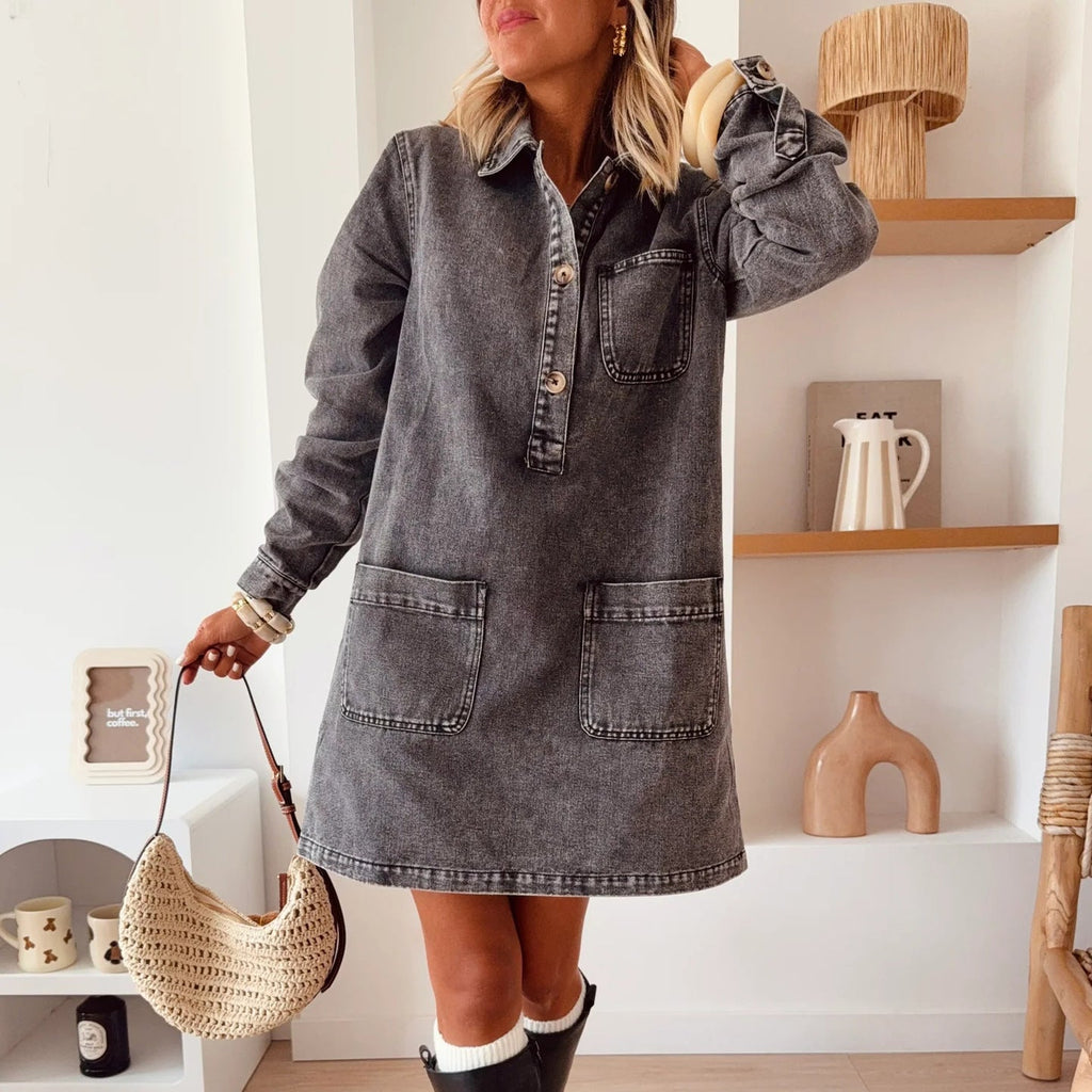 Women Collared Long Sleeve Loose Denim Dress
