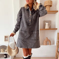 Women Collared Long Sleeve Loose Denim Dress