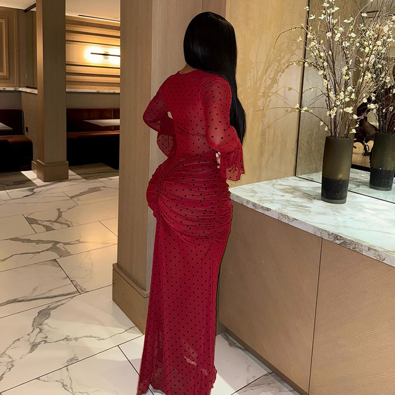 Elegant Women Clothing Pleated Print Polka Dot Slim Hip round Neck Long Sleeve Cocktail Tight Dress
