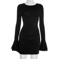 Women Clothing Autumn Solid Color Slim Casual Elegant round Neck Long Sleeve Ruffled Dress