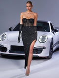 Mesh Gloves Vintage Black Long Rhinestone Encrusted Slightly Elastic Split Performance Party Elegant Tube Top Evening Dress