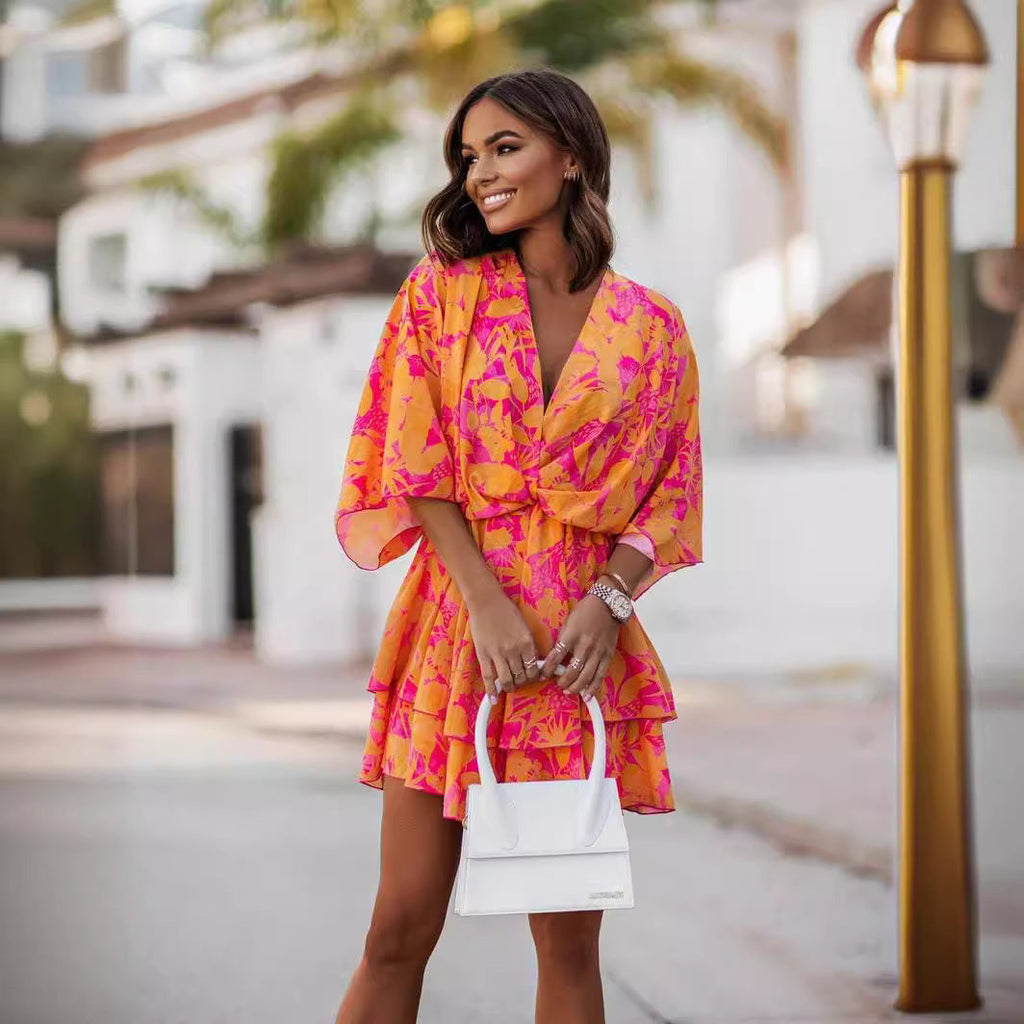 Women Clothing V neck Printed Waist Controlled Batwing Sleeve Half-Length Sleeve Dress