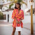 Women Clothing V neck Printed Waist Controlled Batwing Sleeve Half-Length Sleeve Dress