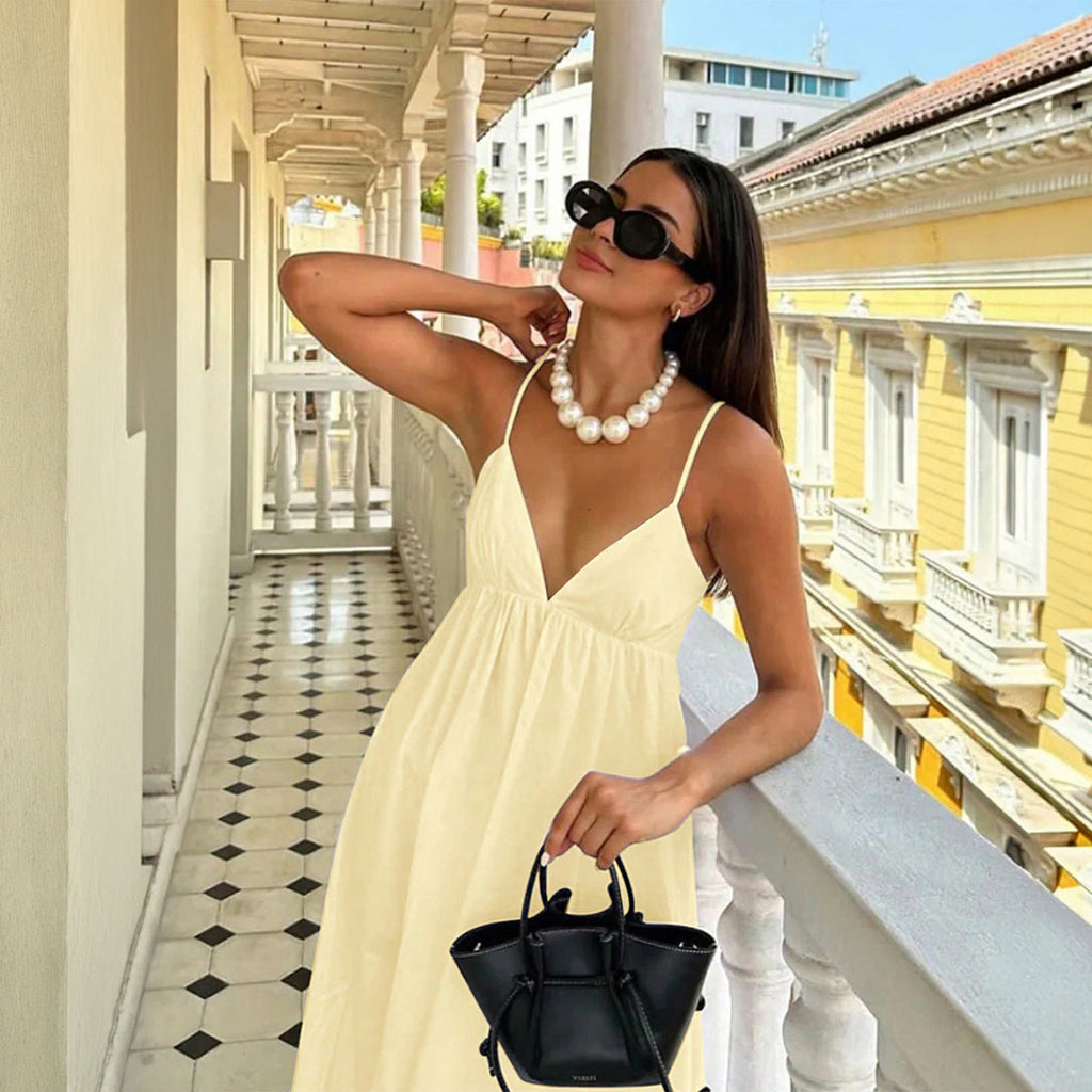Women Clothing Summer Casual Vacation Sling Deep V Plunge High Waist Loose Dress