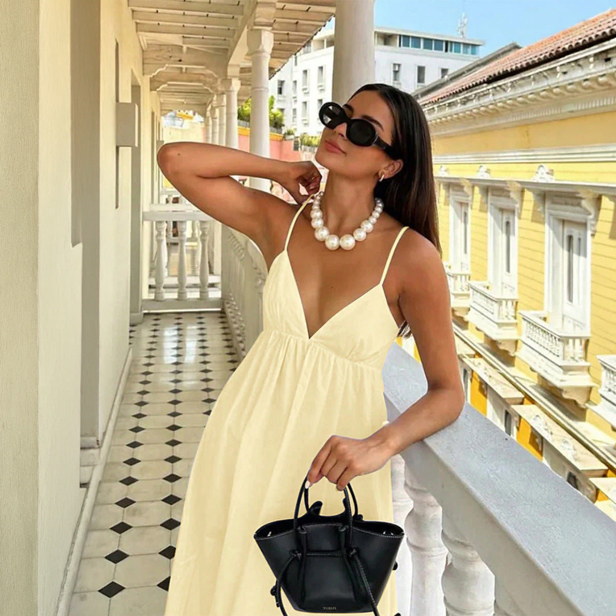 Women Clothing Summer Casual Vacation Sling Deep V Plunge High Waist Loose Dress