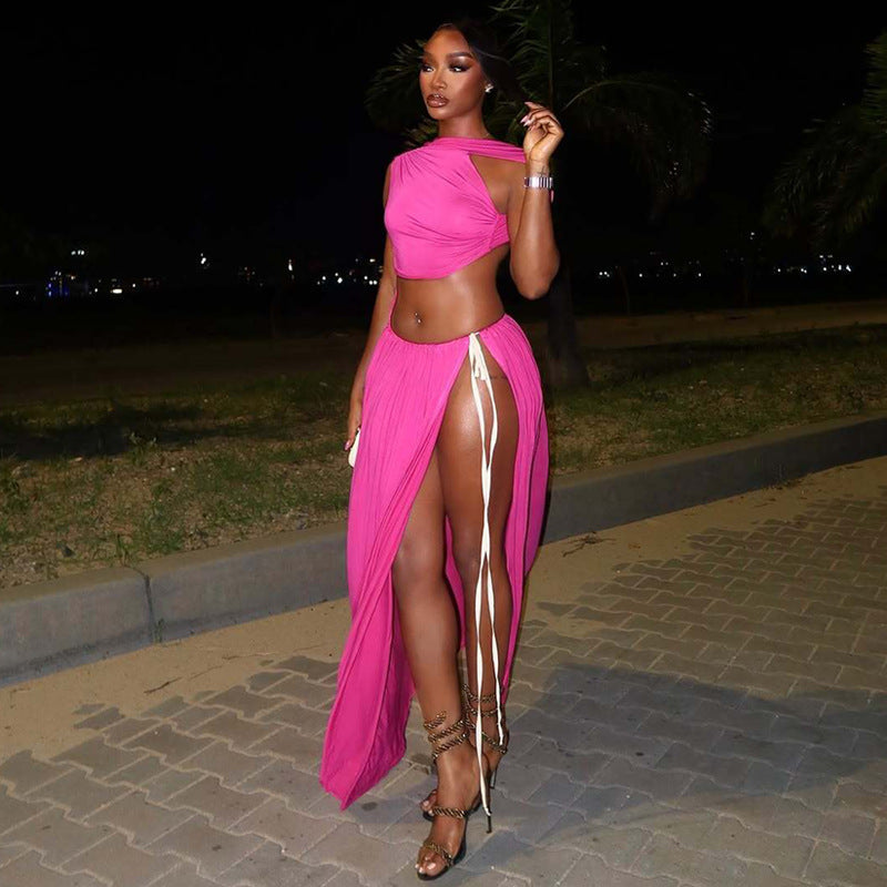 Fall Solid Color Hollow Out Cutout out Vest Stitching Cropped Side Tied Maxi Dress for Women