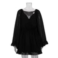 Mesh See through Long Sleeve Square Neck Lace up Black Dress Spring Summer Dress Fitted Waist Pleated A line Dress