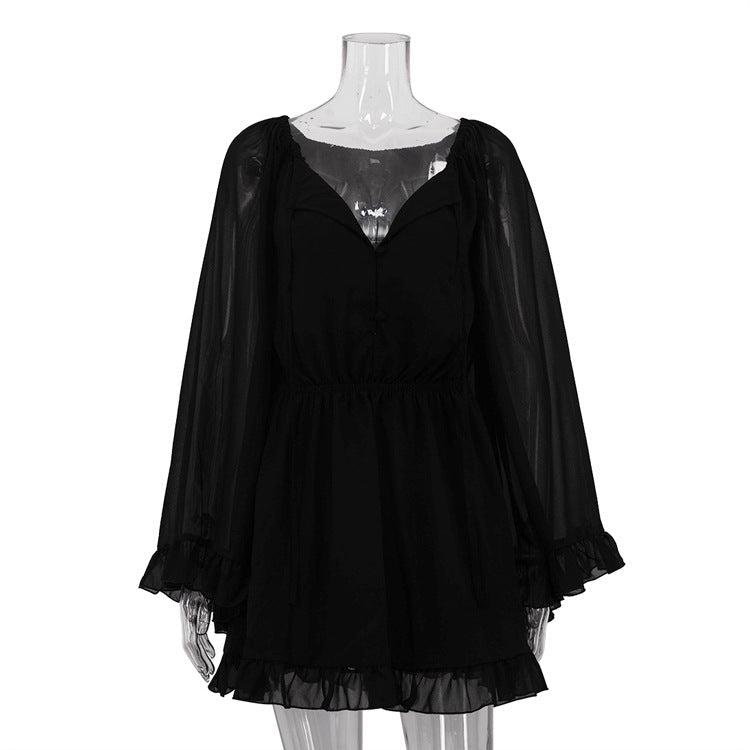 Mesh See through Long Sleeve Square Neck Lace up Black Dress Spring Summer Dress Fitted Waist Pleated A line Dress