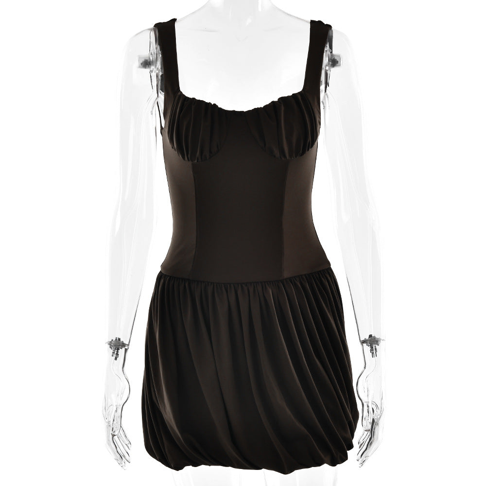 Strap Tube Top Dress Sexy Waist Trimming Solid Color Pleated Sleeveless Dress