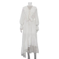 Drawstring V neck Flared Sleeves Chiffon Dress Asymmetric Design White Casual Long A line Dress