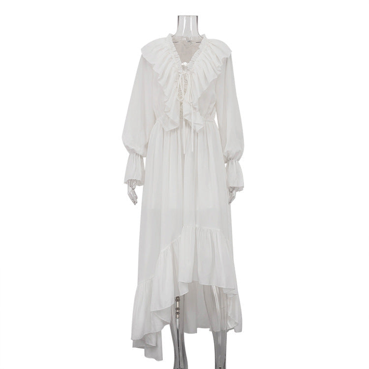 Drawstring V neck Flared Sleeves Chiffon Dress Asymmetric Design White Casual Long A line Dress