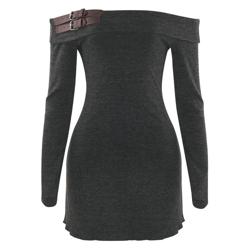 Autumn Solid Color off Shoulder Long Sleeve Sexy Strapless High Waist Short Dress