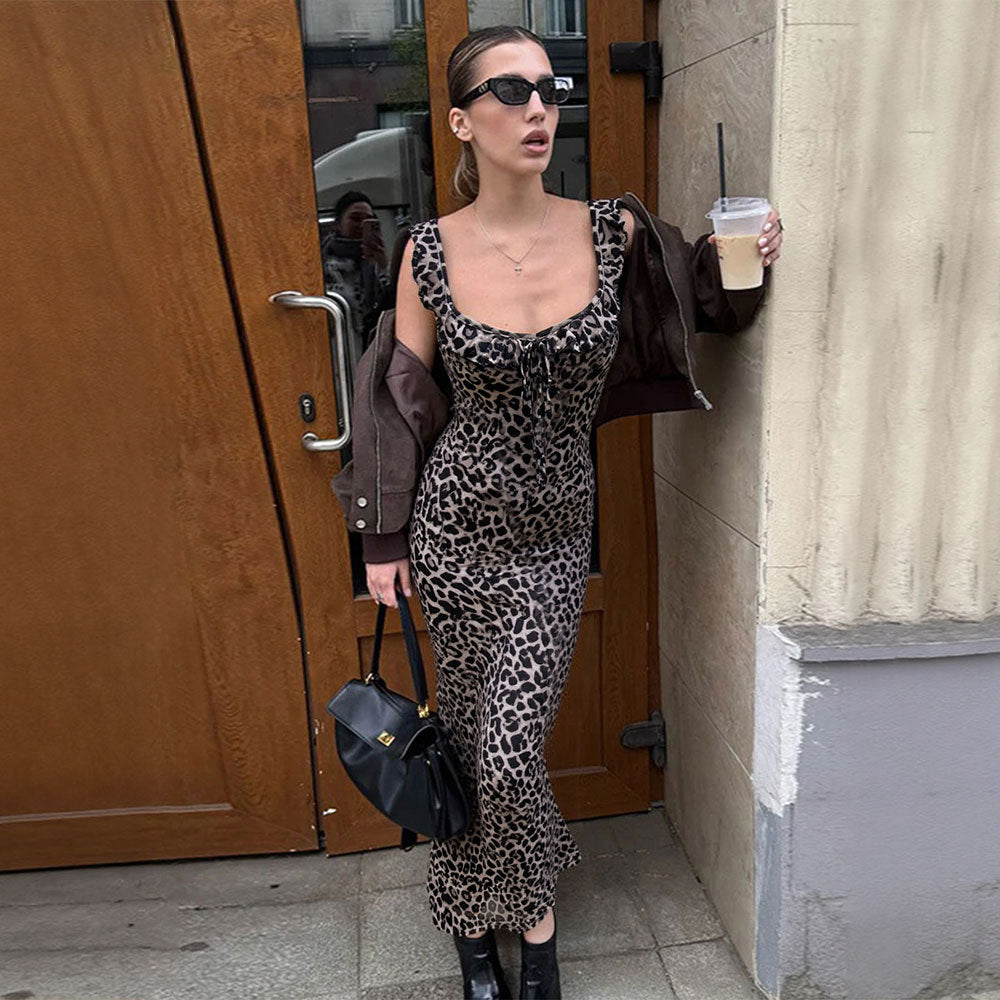 Vintage Leopard Print Lace up Waist Trimming Spaghetti Straps Dress Women Mid Length Sexy Slim Fit Figure Flattering Maxi Dress