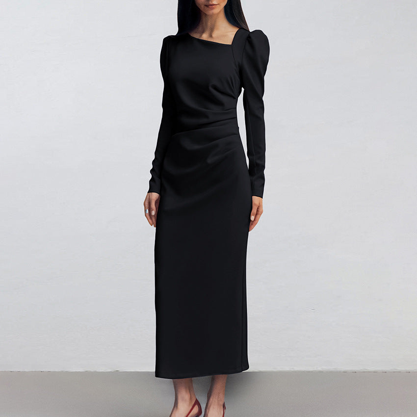 Autumn Casual Elegant Irregular Asymmetric Collar Puff Sleeve Tight Split Dress Khaki Maxi Dress