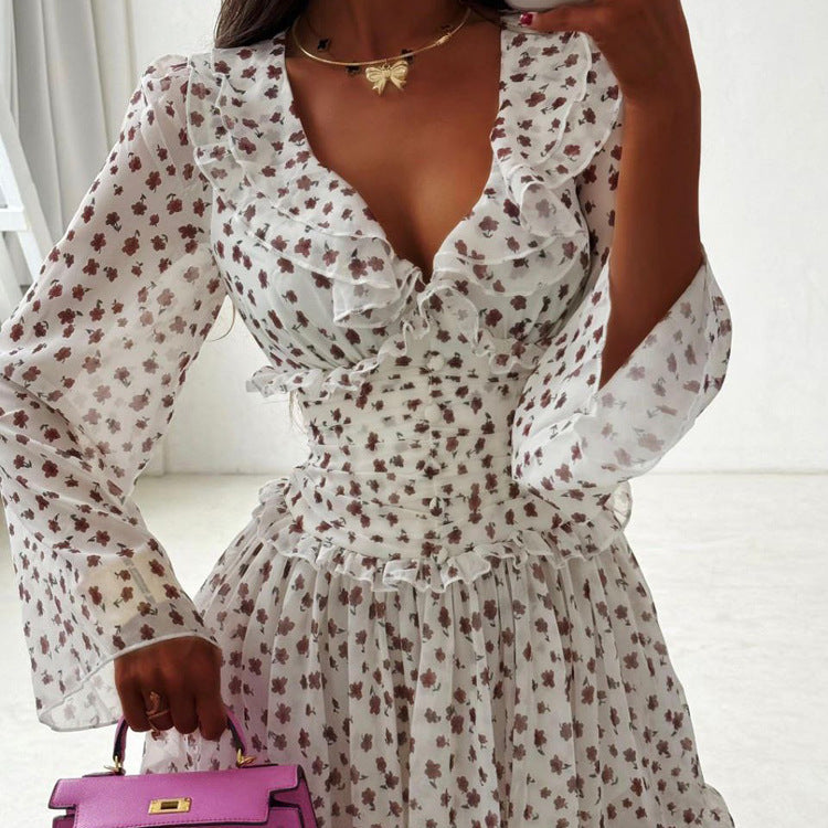 Women Digital Printing Elegant Dress V neck Long Sleeve Ruffled High Waist Lace up A line Dress