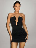 Women Sheath Dress Sexy off the Shoulder Hollow Out Cutout out Pleated Tube Top Sleeveless