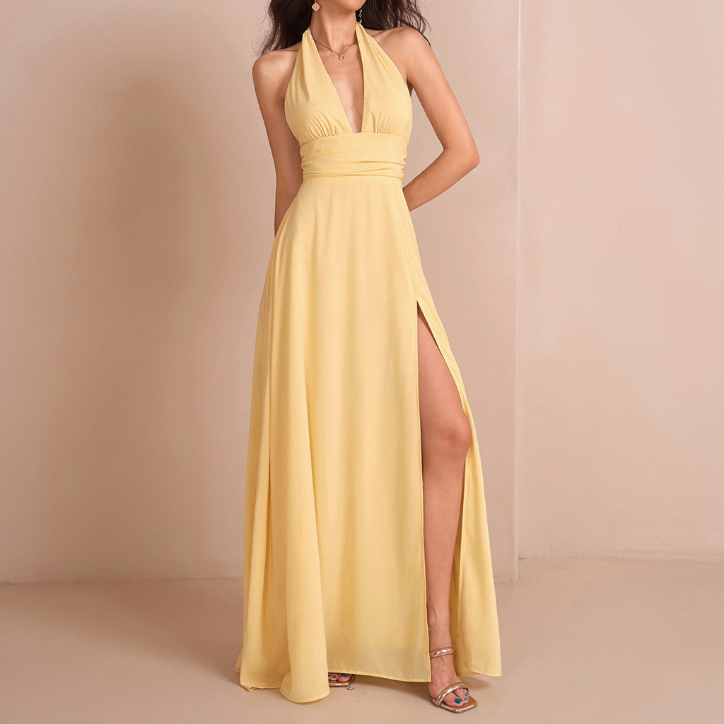 Elegant Halter Lace up Chiffon Dress Sexy Sexy Deep V Plunge neck Backless Slit Formal Dress Maxi Dress
