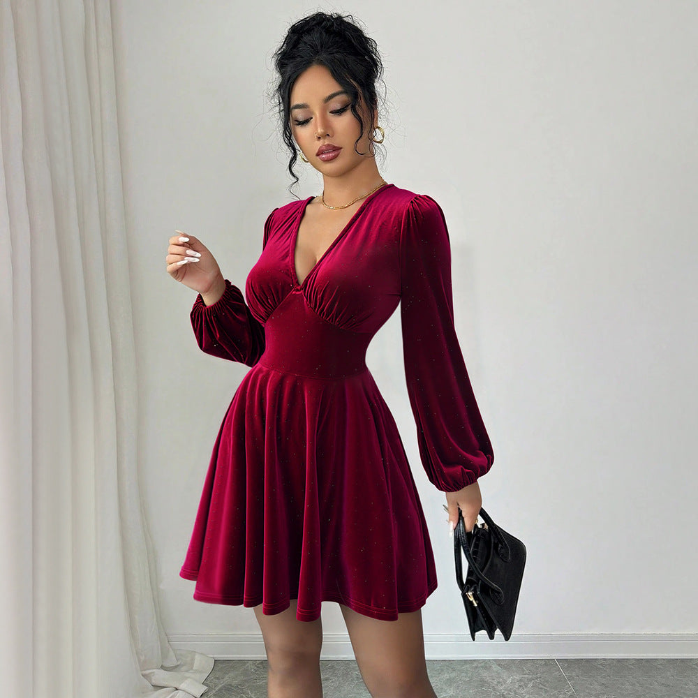 Retro Socialite Christmas Wine Red Velvet V neck Lantern Sleeve Slim Slimming A line Pleated Short Dress