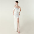 Sequin Mesh Craft Beaded Evening Dress off the Shoulder High Slit Fishtail Dress Swing Cocktail Social Socialite