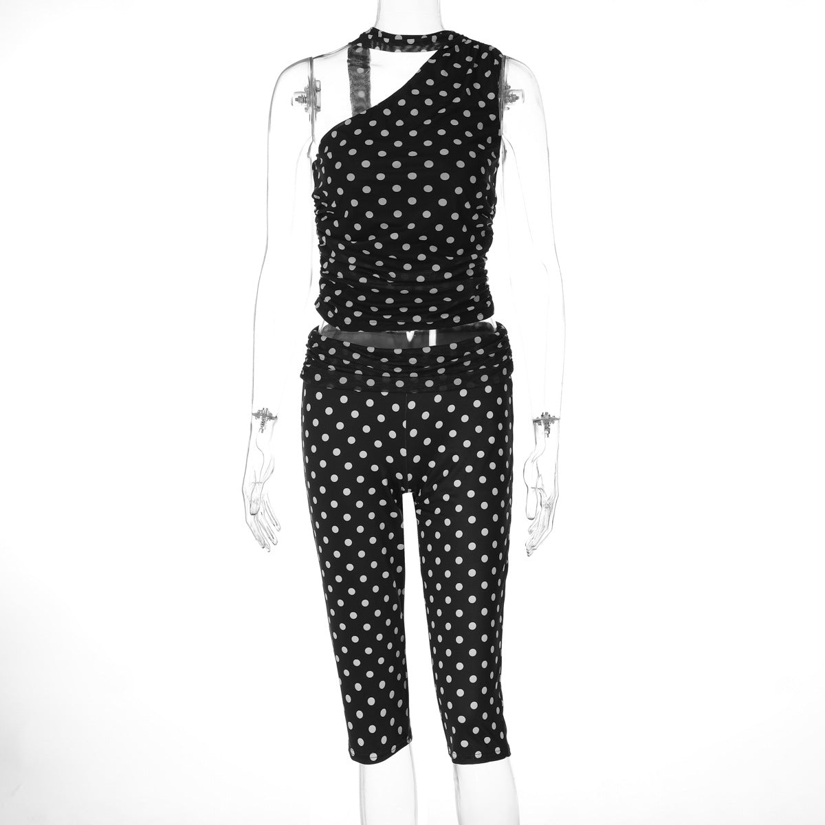 Winter Mesh Stitching Polka Dot Shoulder Diagonal Collar Top Slim Cropped Pants Set
