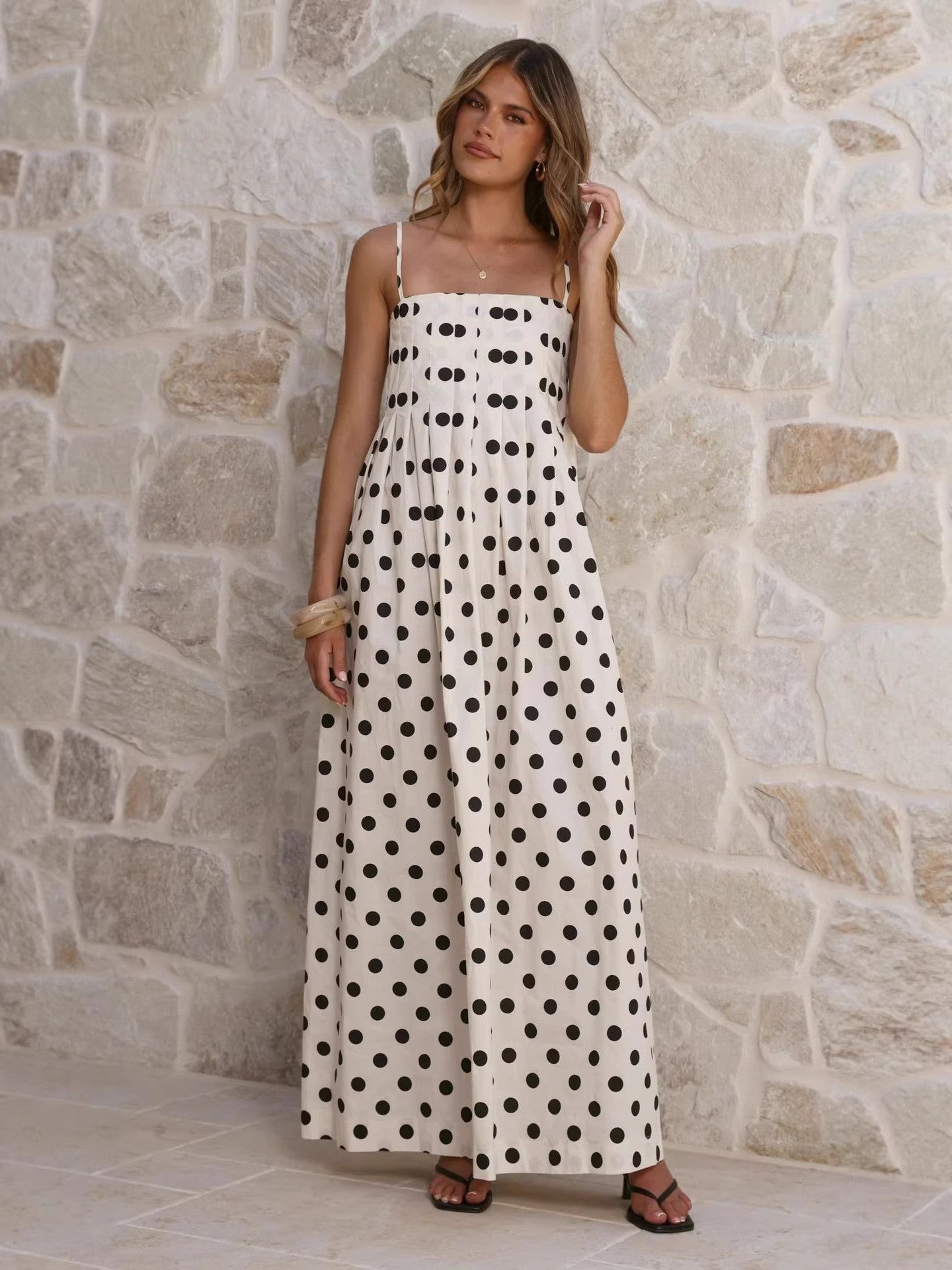 Summer Polka Dot Printed Pleated Craft Sweet Spaghetti Strap Mid Length Dress