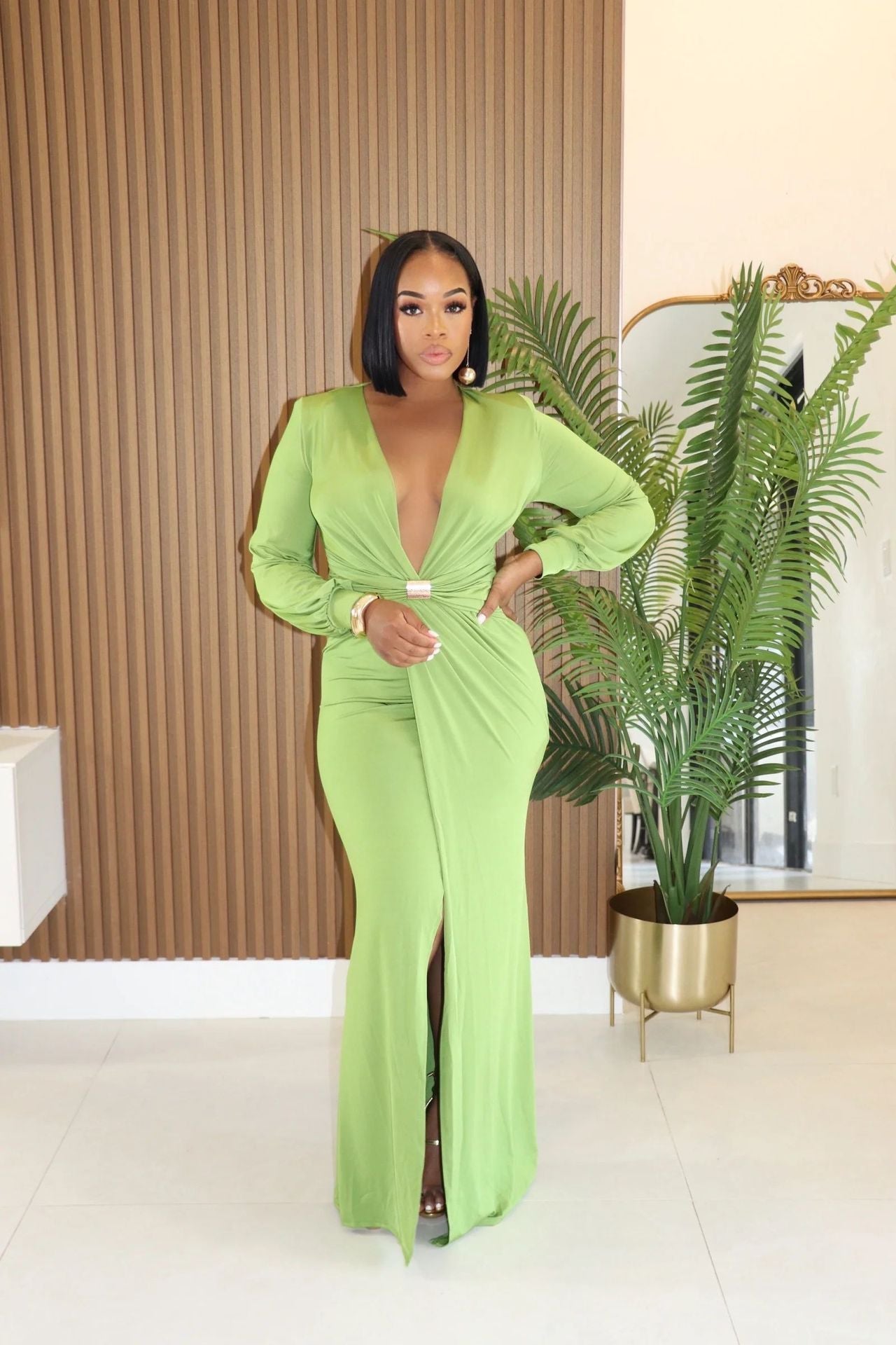 Women Deep V Plunge Long Sleeve Waist Sheath Sexy Split Solid Color Autumn Winter Maxi Dress