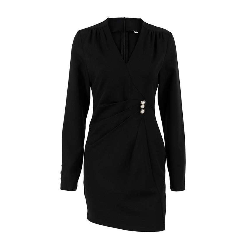 Design Pearl Button V neck Long Sleeve Shirt Women Elegant Waist Tight Hip Wrapped