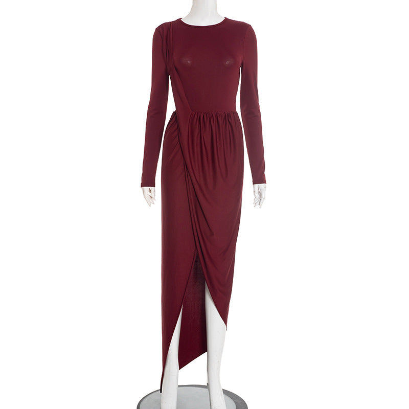 Women Autumn Winter Sexy Figure Flattering Solid Color Long Sleeve Narrow Split Dress