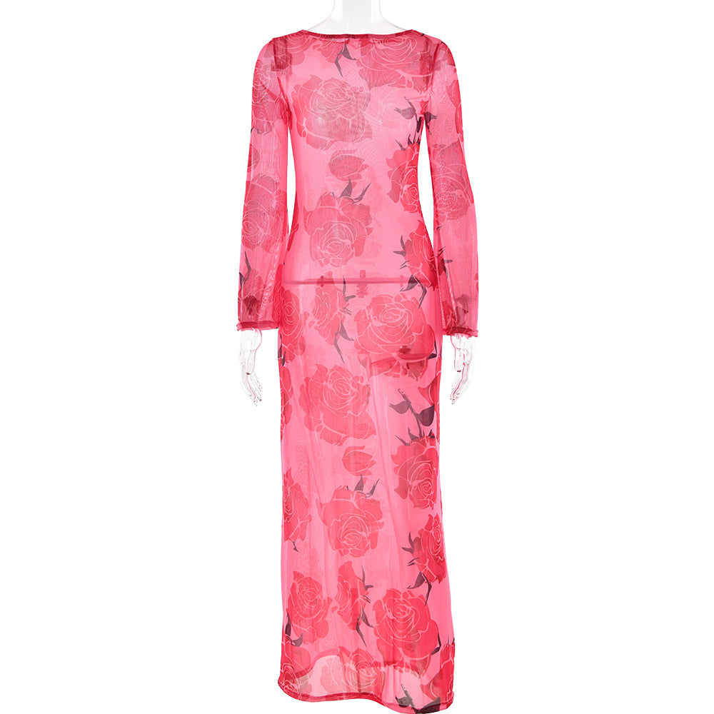 Sexy See through Mesh Floral Print Dress Lazy Casual Wild Dress