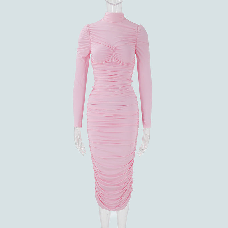 Autumn Elegant Socialite Private Clothing Stand Collar Long Sleeve Waisted Slim Fit Package Hip Pleated Niche Dress