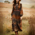 Fall Women Clothing Printed Casual Long Sleeve Maxi Dress