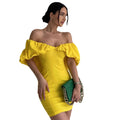 Spring Casual Vacation Tight Waist Slimming Sense Design Pleated Off Shoulder Hip Bag Dress